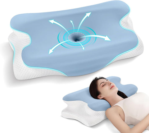 JINXIA Cervical Memory Foam Pillow with Removable Cover, Blue/White- new but open scruffy box