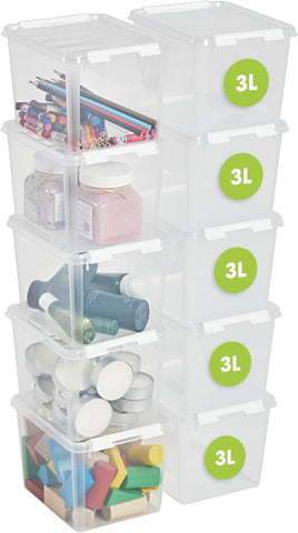 SmartStore 3L Small Plastic Storage Boxes with Lids - Set of 10 - Transparent- used-good but missing box/scruffy packaging/had letter sticker put on boxes