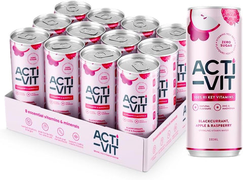 Activit Sparkling Vitamin Water blackcurrant, apple, raspberry  11x 330ml cans, 11 cans only, best before 8/26, no box