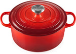 Le Creuset  Cast Iron Round Casserole Dish With Lid, 24 cm, 5.3 Litre, Cerise, new, open scruffy box