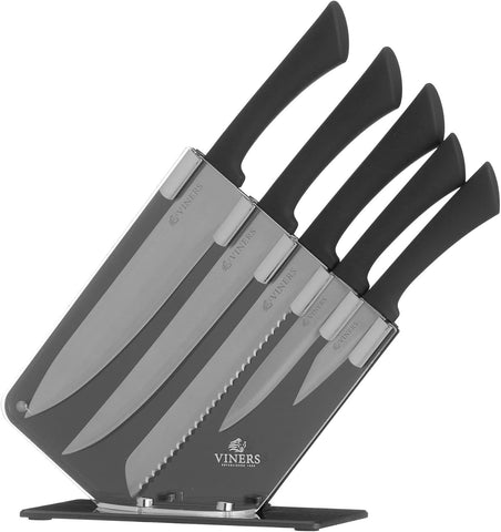 Viners Everyday Knife Block Set of 5 Pieces Black, Stainless Steel- Used very good one knife missing, dusty, ID REQUIRED