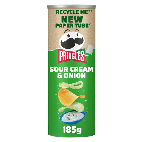 Pringles Sour Cream & Onion Sharing Crisps 185g- best before 19/11/25- dented tube, may be crushed inside