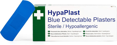 HypaPlast Blue Detectable Plaster, 7.2cm X 2.5cm, Pack of 100- best before 04/28- scruffy box