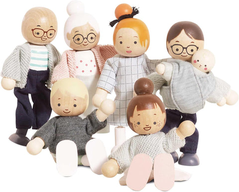 Le Toy Van Wooden My Doll Family Set, New but has 2 granddad, no nan figure, open, scruffy box