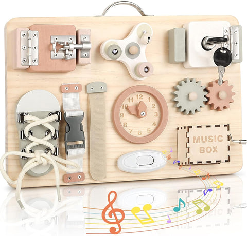 Joyreal Wooden Montessori Busy Board, New but music box part not working, open, scruffy box