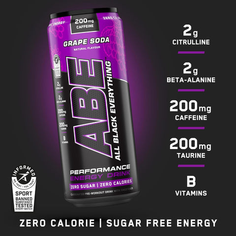 ABE Pre Workout - All Black Everything Energy Drink 330ml (American Grape)- best before 09/12/25- dirty/dented cans