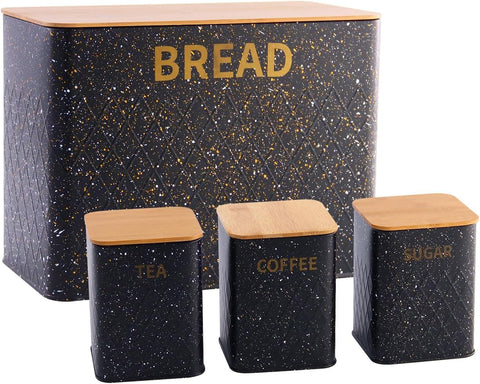 Haus Roland Stainless Steel Bread Box with Bamboo Cutting Board Lid with 3 Small Storage Jars (Black)- new but large dent at the back, does not affect use, open/scruffy box