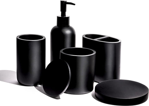 Premium 5 Pcs Matte Black Bathroom Accessories Set, condition used- good, SOAP DISPENSER MISSING, scruffy box