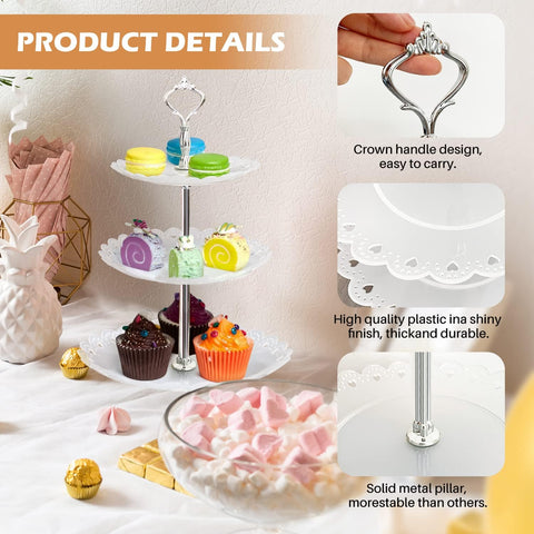 WenYa 3 Tier Plastic Dessert Stands, Round, condition new, open, scruffy box