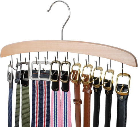 ManGotree Belt Hanger for Closet, Wooden Belt Holder with 12 Swivel Hooks, new, open/scruffy box