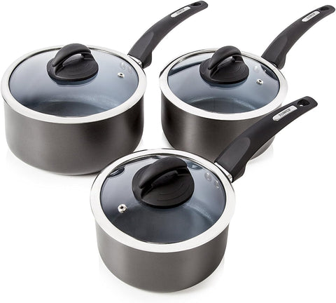 Tower Cerasure 3 Piece Saucepan Set with Non-Stick Coating,  16/18/20cm, Graphite- new but marks on base/ 1 handle poorly stuck down/no box/scruffy packaging