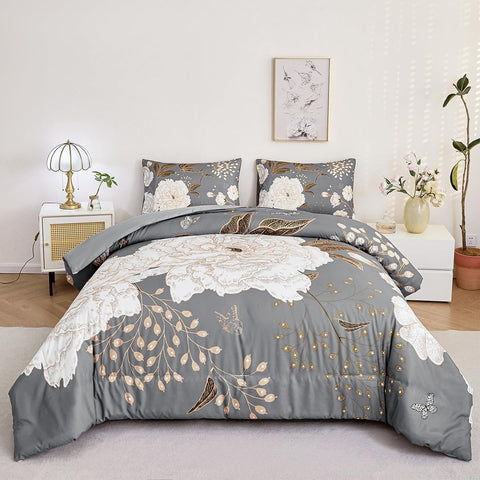 STYHO Floral Double Duvet Cover Set Dark Grey 3Pcs, condition new, open/ scruffy bag