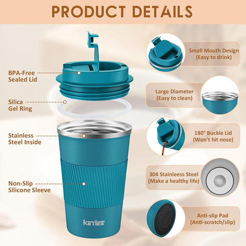 KETIEE Travel Mugs, 380ml Insulated Coffee Cup with Leakproof Lid-Blue- new but missing original packaging