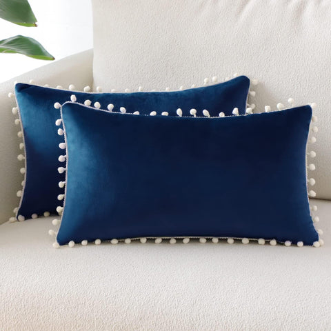 Sungeek Pack of 2 Decorative Soft Velvet Pompoms Pillow Covers 30x50cm Royal Blue New but missing original packaging