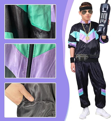 Fancyset 80s Shell Retro Tracksuit Costume for Adults, size M, condition used- acceptable, missing necklace and waist belt, no original packaging