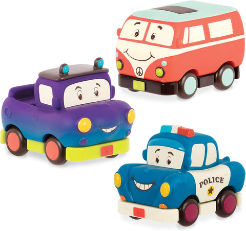 B. toys Mini Pull Back Vehicles Set of 3, Used- very good, some marks on cars, 1 car missing seal, open box