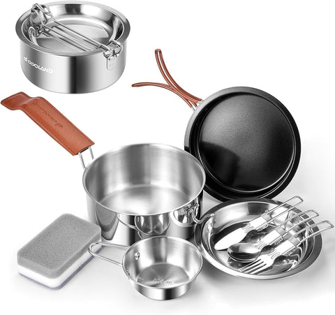 Odoland 10pcs Camping Cookware Mess Kit, condition used-good, open, scruffy box