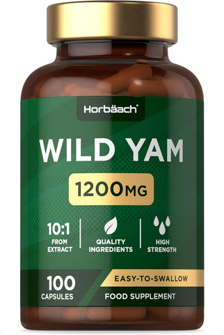 Horbaach Wild Yam Capsules 1200mg 100 Capsules, best before 07/27, scruffy packaging