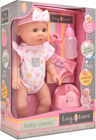 John Adams Tiny Tears, Baby Classic 38cm, Used- very good, the clothes slightly dirty, missing dummy, open, scruffy box