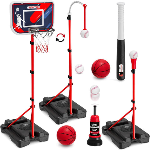 HYES 4 in 1 Kids Basketball Hoop and Baseball Set for Toddlers 3-5, new but open-scruffy box