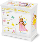 Musical Princess Jewellery Box, New but broken foot at front, open, scruffy box