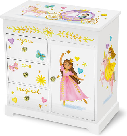 Musical Princess Jewellery Box, New but broken foot at front, open, scruffy box