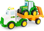 John Deere Farmin' Friends Hauling Tractor Toy Set, used-good condition, some stickers are peeling away, scruffy packaging