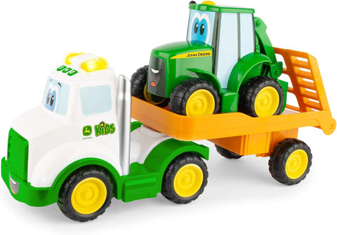 John Deere Farmin' Friends Hauling Tractor Toy Set, used-good condition, some stickers are peeling away, scruffy packaging