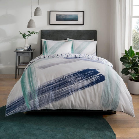 Sleepdown Abstract Brush Strokes White Teal Navy Reversible Duvet Cover Super King (220cm x 260cm) New but open scruffy packaging