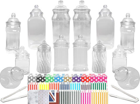 14 Plastic Sweet Jars set, 2 Tongs and 50 Bags, New but some very slight marks, open scruffy box