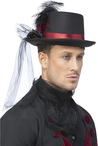 Smiffys Vampire Top Hat with Veil & Feathers, New