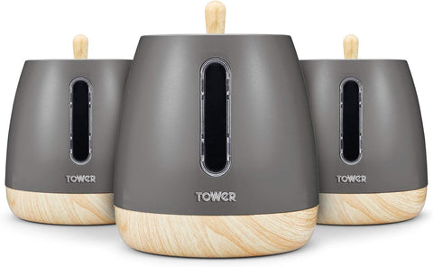 Tower Kitchen Storage Canisters, Matte with Wood Effect Accents, Grey, 3-Piece- new but opened scruffy box