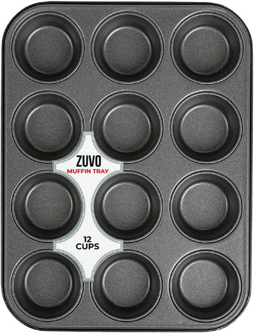 Zuvo Nonstick 12 Cup Muffin Tray, Dishwasher Safe Cupcake Pan- Black- new but slightly bent