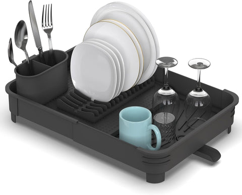 Extendable Dish Drainer Rack with Cutlery Holder, Anthracite, New but open, damaged box