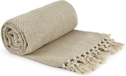 Emma Barclay Herringbone - Recycled Cotton Patterned Bed Throw Over Blanket in Natural- (178x254cm)- new but not in original packaging