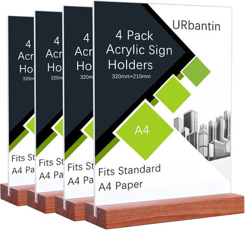 URbantin A4 Acrylic Sign Holder, 4Pack  A4 ,T-Shape Double Sided Poster Holder(Wood Base)- used very good, some surface scratches