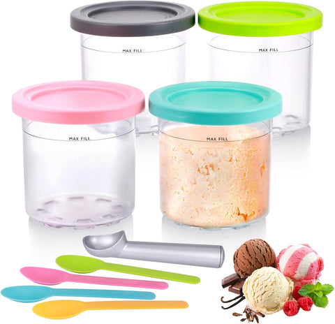 Hejo 4 Pack Ice Cream Tubs 16 oz Pint Containers with Lid Includes 4 Spoons- Aluminum Scoop New but scruffy box