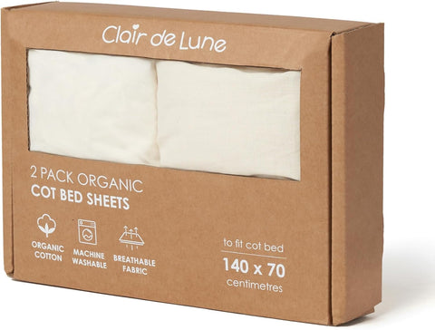 Clair de Lune Organic Cot Bed Sheets 2 Pack, New but have been taken out of the box, open, scruffy box box