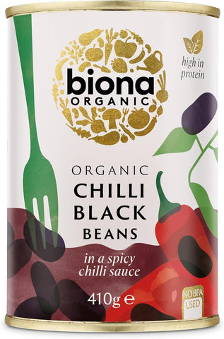 Biona Organic Chilli Black Beans, 410g, best before 07/27, dented, slightly dirty tin,