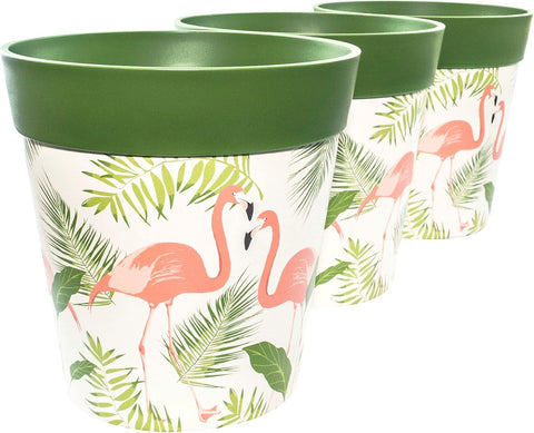 Hum Flowerpots, 22cm Set of 3, Various Patterns Colours and Sizes, Indoor/Outdoor Plastic Plant Pots, Green Flamingo new in original box