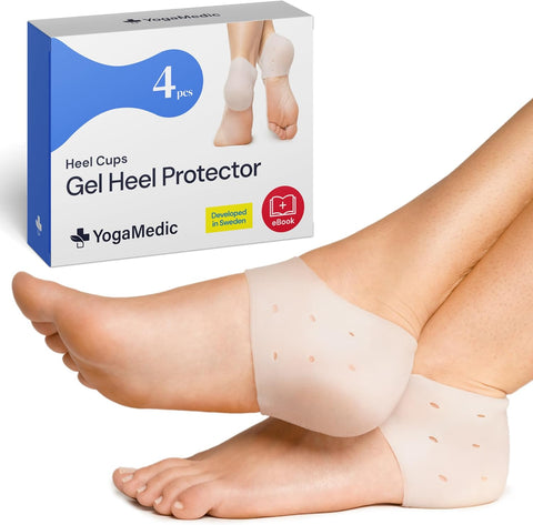 YogaMedic Silicone Heel Protectors 4-Pack, open, scruffy box, protectors still sealed