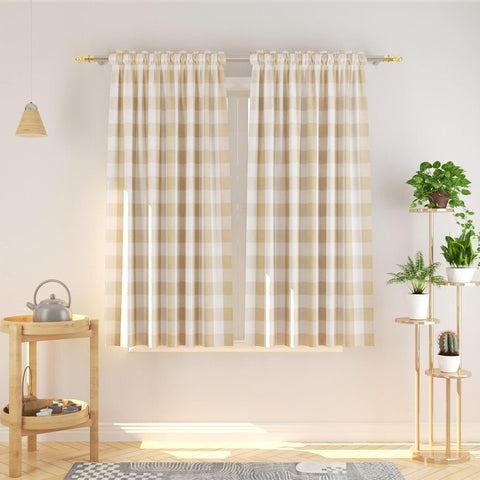 Buffalo Check Curtains 45 inches Long Cotton Basement Beige and White Gingham Plaid 2 Panels- new