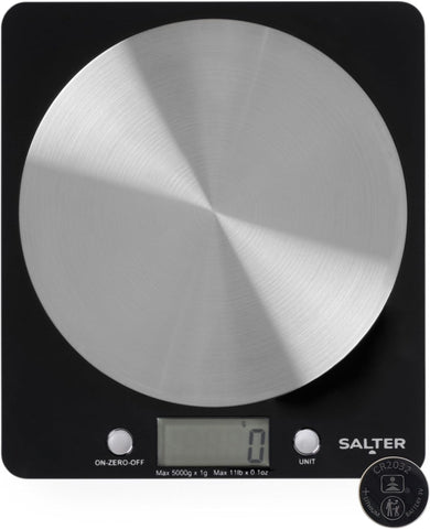 Salter Digital Kitchen Scale  Stainless Steel Weighing Platform, 5KG Capacity, Black used very good, tested, few marks on unit