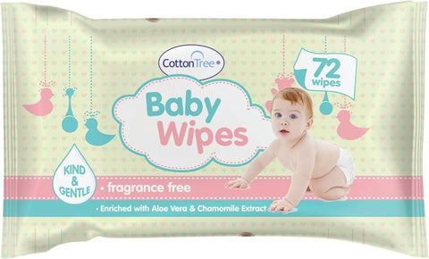 Cotton Tree Kind & Gentle Baby Wipes 72 Pack, best before 03/28