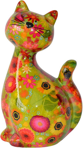 Pomme Pidou Box Cat Caramel Green with Large Flowers Box Piggy Bank Money Gift new but scruffy box