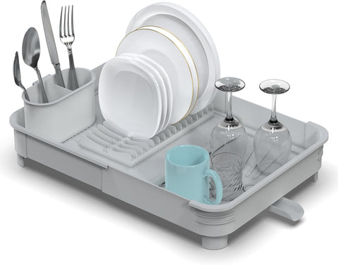 Extendable Dish Drainer Rack Expandable Dish Draining Rack with Removable Cutlery Holder Light Grey- new but open scruffy box