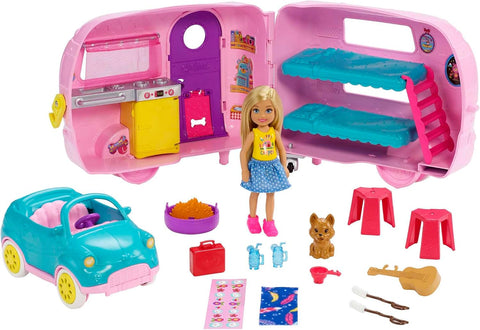 Barbie Toys, Camper Playset with Chelsea Doll, used-acceptable condition, doll, accessories and cat flap are missing , open-scruffy box