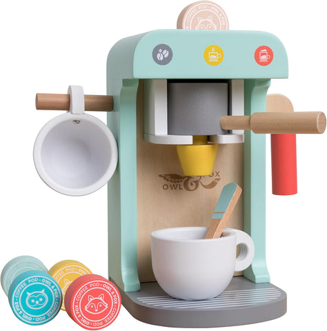 Owl & Fox Wooden Coffee Machine, new but no holes on sides to put in the handle & frother, small chip in the paint on the front, open, scruffy box