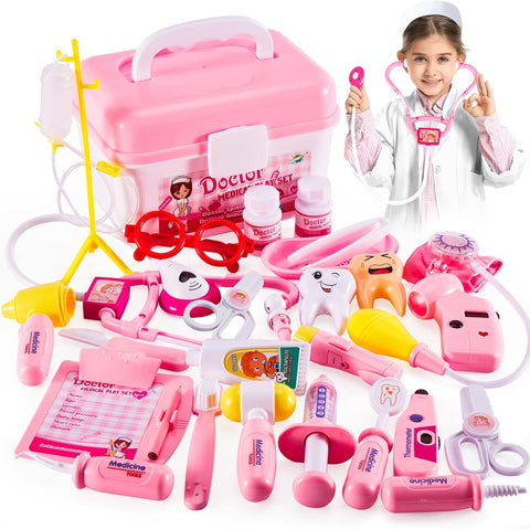 HERSITY Kids Doctors Kit Toy Medical Playset Nurses Costume Role Play Dentist Set, used-acceptable condition, toothpaste, toothbrush, tooth hook, red glasses, hammer, tweezers are missing , no original packaging