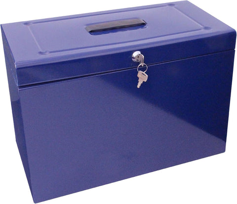 Cathedral Products A4+ (Foolscap) Steel File Box with Starter Pack of 5 Suspension Files - Blue- new but lid slightly misshapen , still locks , scruffy box